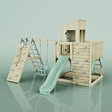 Rebo Spielturm mit Wellenrutsche aus Holz | Outdoor Klettergerüst mit Kinderschaukel, Kletterwand, Plattform und Spielhaus mit Fenstern aus Acryl-Glas