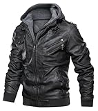 Uusollecy Lederjacke Herren, Kunstlederjacke Mit Abnehmbare Kapuze Schwarz XL