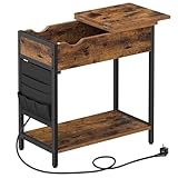 VASAGLE Beistelltisch, Nachttisch mit Steckdose, schmal, mit USB-Anschlüssen, Tasche, für Wohnzimmer, Schlafzimmer, vintagebraun-schwarz LET311B01