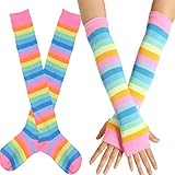 EDOTON Kniestrümpfe Regenbogen Streifen Arm Wärmer Bein Strumpf Bunte Oberschenkel Hohe Socken Fingerlose Handschuhe Hülsen-Set für Frauen Mädchen Party Stützen (Pulver)