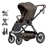 Daliya® ALPINO Buggy, Schlaffunktion, leichtem Aluminiumrahmen, höhenverstellbar, großer Korb, 360° EVA Räder, UV50+ Sonnenschutz, wasserabweisend, 5-Punkt Gurt, einfach faltbar, erweiterbar (Braun)
