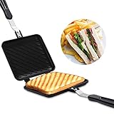 Doppelseitige Bratpfanne,Mustergitter Antihaft Camping Sandwichmaker Mini Tragbar Mit Hitzebeständigem Griff, Aluminium Einfacher Rollover Camping Toaster Pfannkuchenpfanne Für Frühstück, Gaskocher