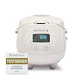 REISHUNGER Digitaler Reiskocher klein, grau | 0,6 L bis 3 Personen | Warmhaltefunktion, Timer & Premium Topf | Kleiner Multikocher & Dampfgarer, 8 Programme, 7-Phasen-Technologie