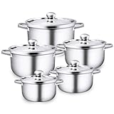 HOUSLUX Topfset Induktion Topf Kochtopf Set 5-teilig,Topfset Edelstahl poliert, Töpfe Set unbeschichtet Edelstahl poliert, Töpfe Set unbeschichtet