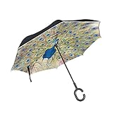 Vintage Tierpfau Reversion Invertierter Umgekehrter Regenschirm Langschirm UV-Schutz Umbrella Winddicht Schirme für Auto Jungen Mädchen Frauen