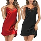 Marvmys 2er Pack Negligee Damen Satin Sexy Babydoll Kurze Nachthemd Sommer Spitzen V-Ausschnitt Schlafshirt Nachtkleid Unterkleid Verstellbarer Schultergurt schwarz+rot M