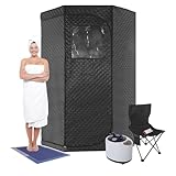 HuKaiL 3L Mobile Dampfsauna,Tragbare Saunazelt Heimsauna mit 9-stufige Heizungseinstellung bis 55°C und 5-99 Minuten Timer, Mini Sauna Sitzsauna mit Dampfgarer, Fußmassagegerät, Matte, 90*90*180cm