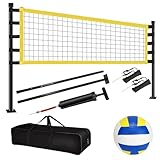 Volleyballnetz Set, 9.5m x 1m,Beachvolleyball Set,Faltbare Volleyball Komplettes Netz Set mit Stahlpfosten, Feldmarkierung,Volleyball und Kostenlose Tragetasche, Volleyball Linien, Höhenverstellbar