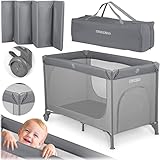 Ricokids Reisebett Baby Mit Matratze 125 x 65 x 78 cm Kinderreisebett Babybett Bis 15 kg 2 Räder Mit Bremsen Abnehmbarer Seiteneingang Transporttasche Faltbar Kompakt Grau