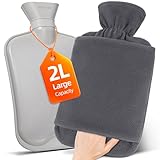 MUPAS Wärmflasche mit Vliesbezug –2L Große Auslaufsicher Bettflasche –Weicher Wärmflaschen mit Känguru Tasche +Naturkautschuk –Hot Water Bag für Kinder & Erwachsene (Grau)