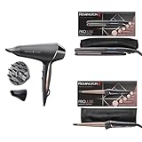 Remington Haarstylingset ProLuxe Midnight Black (OPTIheat-Technologie für schonendes Styling): Haartrockner Profi Ionen AC9140B + Glätteisen 9100B + Lockenstab CI91W1B