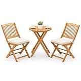 COSTWAY 3tlg. Balkonmöbel Set, Bistrotisch mit 2 Stühlen, klappbares Balkonset aus Akazienholz mit 2 Kissen, Bistroset, Gartengarnitur, Gartenmöbel, Sitzgarnitur, Sitzgruppe für Garten, Balkon (Beige)