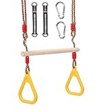 Morwealth Multifunktions Kinderholz Trapeze Schaukel mit Kunststoffringen Turnringe Ringe zum Aufhängen belastbar bis 120KG für Innen und Außenbereich (Gelb)