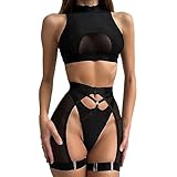 YOMORIO Dessous Damen Sexy, Strapsen Dessouse Sexy Set 3-TLG Lingerie Reizwäsche für Frau Bodysuit Unterwäsche Rückenfreies Babydoll Outfit Nachtwäsche Gürtel Sexy Negligee mit Unterhose Strumpfband