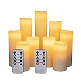 Hanzim LED Kerzen Set von 9 Flammenlose Kerzen Batteriebetriebene Kerzen D2.2xH 4 '5' 6 '7' 8 '9' Echtwachssäule Kerzen Flackern mit Fernbedienung und Timer-Steuerung, Elfenbein Farbe（9x1）