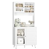 FOREHILL Küchenschrank, Buffetschrank, Küchenbuffet mit Arbeitsplatte, Vitrinenschrank mit Glastüren und 4 Schubladen, weiß, 80x40x180cm