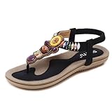 Sommer Damen Sandalen Strand Boho Vintage Perlen Flip Flop Sandalen Schuhe Damen Gefüttert (Black, 42)