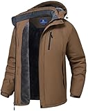 SPOSULEI Herren Winter Fleecejacke Warme Verdickt Gefüttert Skijacke Outdoor Winddicht Wasserdicht Jacke mit Abnehmbarer Kapuze für Wandern Braun XL