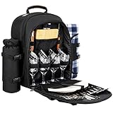 Sunflora Picknickrucksack für 4 Personen mit Decke Picknickkorb-Set für 2 mit isoliertem Kühler Weintasche für Familienpaare (Schwarz)