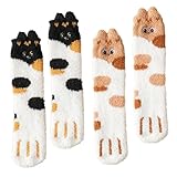 Healvian 2 Paare Damen Kuschelsocken mit Katzenpfoten Motiv Mittellang Dicke Flauschige Wintersocken Atmungsaktiv Elastisch Geeignet für Mädchen als