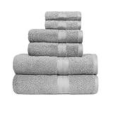 Amazon Basics 6 Piece Fade resistant Towel set for bathroom, 100% Cotton, soft and absorbent, 2 Bath + 2 Hand + 2 Washcloths, Grey