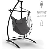 C Type Hängesessel mit Gestell, Schwarz Hängemattengestell und Grau Hängeschaukel, Stoffschaukel mit Bequemen Kissen, Hängesessel Outdoor, Hängemattenständer für Balkon, Terrasse, hält bis zu 150kg