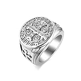 JewelryWe Schmuck Retro Herren-Ring Edelstahl Exorcism St Benedict Kreuz Ring Dämon Schutz Ghost Hunter CSBP katholischen Siegelring Bandring mit Gravur Silber Größe 62