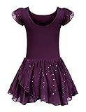 trudge Kinder Ballettkleidung Ballettkleid Mädchen Kurzarm Baumwolle Balletttrikot Ballettanzug Tanzkleid Tanzbody mit Rock Tütü Lila B 140