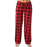 Kielsjajd Damen Pyjamahose Warm Lang Baumwolle Weich Schlafanzughose Kariert Winter Nachtwäsche Freizeithose, Damen Schlafanzughose Lang-Cute Print Pyjamahose Frauen (Red, S)