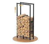 HFHOME Kaminholzregal Höhen- und Längen Verstellbar für Innen & Außen, Metall Brennholzregal für Brennholz Aufbewahrung mit Rutschfester Matte, Holzregal Max. 75 x 25 x 170cm