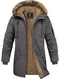 Lonya Winterjacke Herren Fleece Winterparka Warm Gefüttert Wintermantel Mit Kapuze Winddicht Lang Mantel Outdoor Parka Jacke für Männer, Dunkelgrau, L