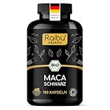 BIO Maca Kapseln (Schwarz) - Hochdosiert aus reiner Macawurzel, 3200 mg Tagesdosis - Mit natürlichem Vitamin C - Biozertifiziert, Vegan & Ohne Magnesiumstearat - 180 Kapseln, Raibu
