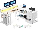 ODK Schreibtisch mit Schubladen, Reversible Eckschreibtisch mit 2 Steckdosen und 2 USB Ladeanschluss, Bürotisch L Form mit LED für Home Office 135×110cm (Alles Weiß)