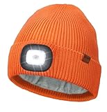 Wmcaps Mütze mit LED Licht, Wintermütze mit Dickem Warmen Futter, Integrierte Beleuchtete Type-C Wiederaufladbare Freisprech-Stirnlampe, Geschenke für Männer Frauen,Leuchtendes Orange