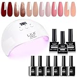 LKE Schellack Nagellack Starterset mit Lampe 72W,10ML 6 Farben Rot, Gold und Rosa gel nagellack set mit uv lampe, Base und Glossy & Matte Top Coat Gel Nail, DIY Einweichbare Nagelkunstdekoration