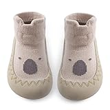 Exemaba Baby Sockenschuhe Rutschfeste Niedlicher Cartoon Weicher Stricken Babybodenschuhe Kleinkind Schuhe 1-Paar(Khaki Waschbär,Tag22/12-18M)