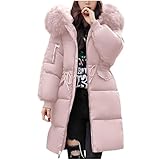 Herbstmantel, Winterjacke Damen Lang Wintermantel - Puffer Jacke Warm Gefüttert Winterparka Winter Mantel Steppmantel Daunenmantel Daunenjacke Parka Mit Fellkapuze Rosa L