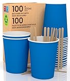 100 blaue Pappbecher 200 ml aus Papier mit Einweg-Paletten für heiße und kalte Getränke, ökologische Tees, biologisch abbaubar, bunte Einweg-Tassen + 100 Paletten à 11 cm aus Birkenholz