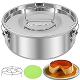 OROMYO Rund Springform Edelstahl 19x19x7,5cm Backform Runde Kuchenform mit Deckel Dampfgarer und Silikon-Isolierpad 1,6L Kuchenform Flachboden zur Herstellung kleiner Kuchen Torten Puddings Quiches