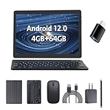 Android 12 Tablet 10 Zoll 2 in 1 Tablet mit Tastatur, 4GB+64GB Quad-Core Tablets Set, 6000mAh Akku, 2+8MP Dual Kamera, WiFi, BT, 1280x800 HD Display, Google Tableta mit Hülle Maus Stylus