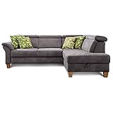 Cavadore Ecksofa Ammerland mit Ottomane rechts / Federkern-Sofa im Landhausstil mit verstellbaren Kopfstützen / 245 x 84 x 194 / Lederoptik dunkelgrau