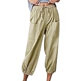 Generisch Capri-Hose Damen Mit Taschen Mit Hoher Taille Kordelzug Freizeithose Weites Bein Hose LäSsige Lockere Hose Lockere DüNne Sommerhose Leicht Weite Hose Baggy Jogginghose Damen 004 AG，S