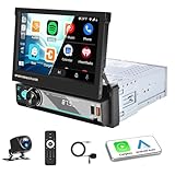 Autoradio 1 Din mit Wireless Carplay Android Auto, 7 Zoll Single Din Ausfahrbarem Auto Stereo Touchscreen Display mit Bluetooth 5.1 Mirror Link FM/AM/USB/TF/AUX Charging SWC AHD Rückfahrkamera+ MIC