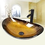 ZealWe Aufsatzwaschbecken 53 cm, Waschbecken aus Glas mit Wasserhahn Set, Modern Oval Hand Waschschale für Badezimmer & Küche, Aufsatz Waschtisch ohne Überlauf, Schwarz Gold
