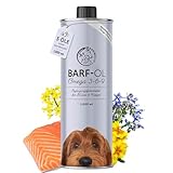 Barf Öl für Hunde 1000ml Barföl mit Omega 3-6-9 aus: Lachsöl, Rapsöl, Hanföl & Borretschöl - Futteröl für Hund als Futter Topping (Barf Zusatz)