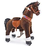 PonyCycle Reitpferd mit Rollen, für Kinder 4–7 Jahre, 76cm Hoch, Plüsch Reitpony mit Handbremse und Klang, Schaukeltier, Stehpferd, Braunes Reittier auf Rollen, Klassisches Modell U - Ux421