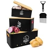 Fyeme 3 Stück Kartoffel Aufbewahrungsbox Carbonstahl Zwiebel Aufbewahrung mit Belüftungslöchern Deckel Langlebig Nicht Leicht Rosten Zwiebeltopf für Küche Schrank (Schwarz)