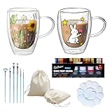 NIYATA Latte Macchiato Gläser, Tassen Bemalen 2er Set 350ml mit 6 Farben Pinsel und Palette Doppelwandige Kaffeegläser für Cappuccino und Eiskaffee, Geschenkset für weihnachtsgeschenke