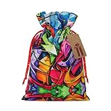 Lootpe Große Weihnachts-Geschenktüten mit Graffiti-Zeichen, wiederverwendbare Urlaubstaschen für Geschenke, Kordelzüge, Jute-Geschenktüten