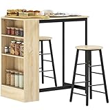 HOMCOM Bartisch Set Bartisch mit Barhocker-Set Küchentresen mit 2 Barstühlen und Fußstütze Moderner Küchentisch mit 4 Verstellbaren Ablagen für Küche, Esszimmer, Eiche